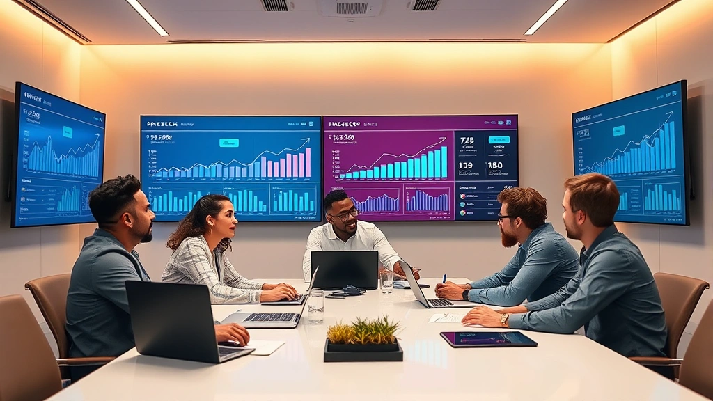 Diverse team of fintech professionals collaborating around conference table analyzing payment platform metrics and growth charts on large display screens