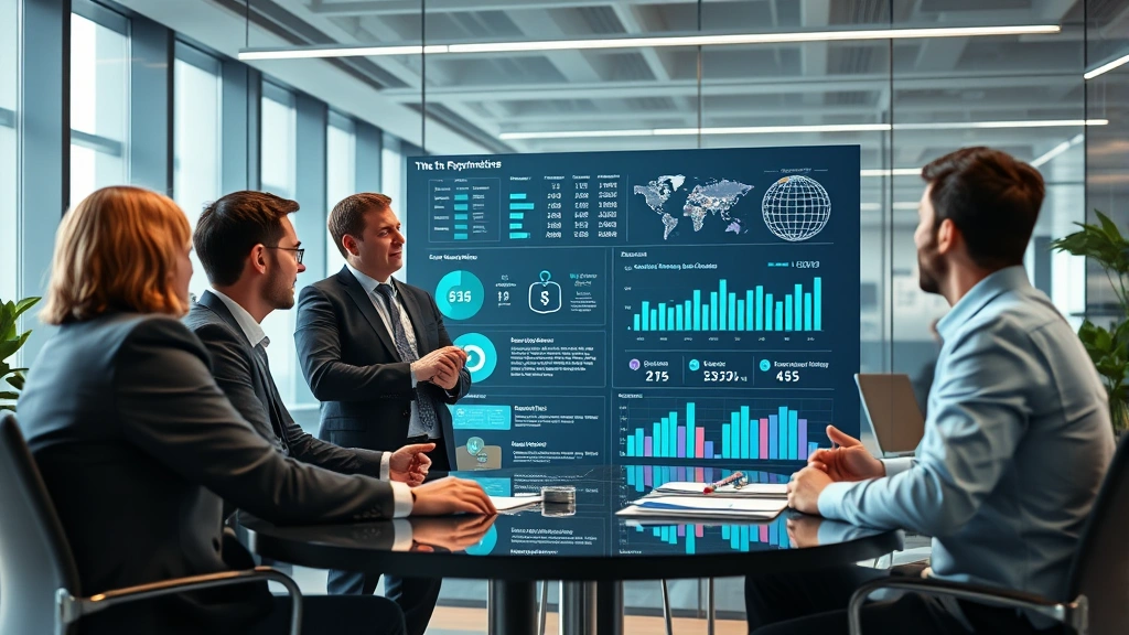 Executive leadership team in modern office environment discussing business strategy with digital payment infrastructure visualization and financial performance dashboards visible