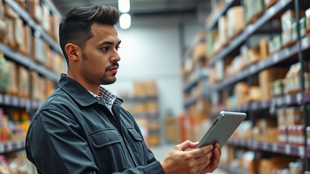 Professional grocery store manager reviewing inventory data on tablet in modern warehouse with organized shelves and products, natural lighting, serious focused expression, contemporary distribution center environment
