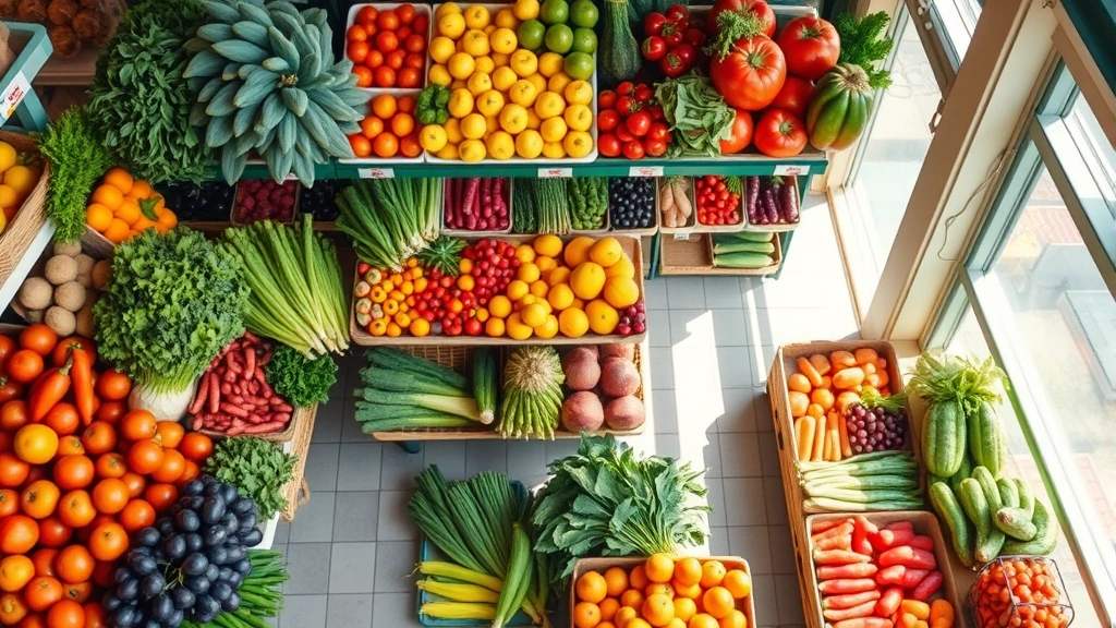Overhead view of fresh produce display with colorful vegetables and fruits arranged professionally on market shelves, natural daylight streaming through windows, community grocery store aesthetic