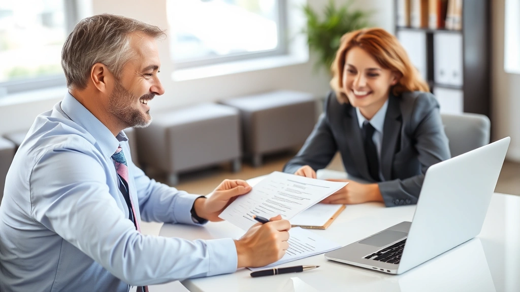 Professional insurance agent sitting at modern desk with laptop, reviewing policy documents with satisfied client in bright office environment, natural lighting, business attire, confident expression, paperwork and pen visible