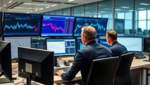 Professional traders analyzing market data on multiple computer monitors in modern office, focused expressions, Bloomberg terminals visible, contemporary business environment with glass partitions