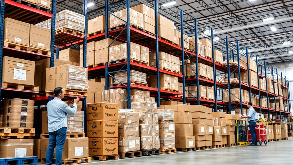 Organized warehouse with stacked inventory containers and boxes, professional logistics staff checking items, organized shelving systems, modern distribution center lighting, efficient operations