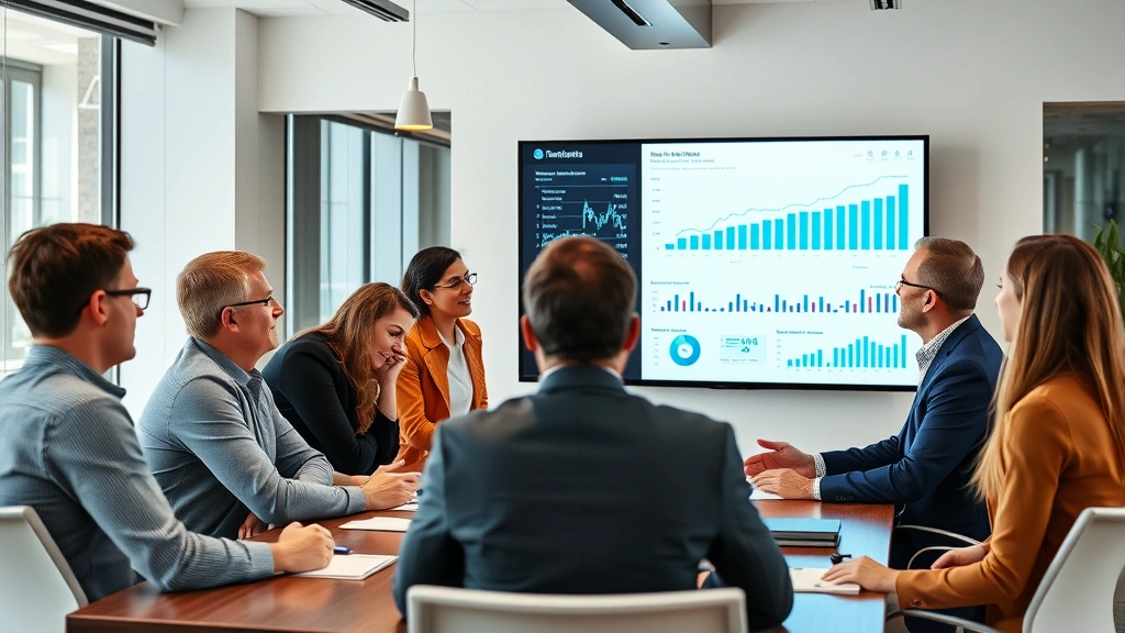 Business team in conference room reviewing market analytics on large display screen, collaborative atmosphere, diverse professionals, strategic planning session, contemporary office setting