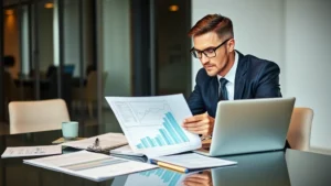 Professional male entrepreneur in business suit reviewing financial metrics and strategic plans at modern conference table with laptop and documents