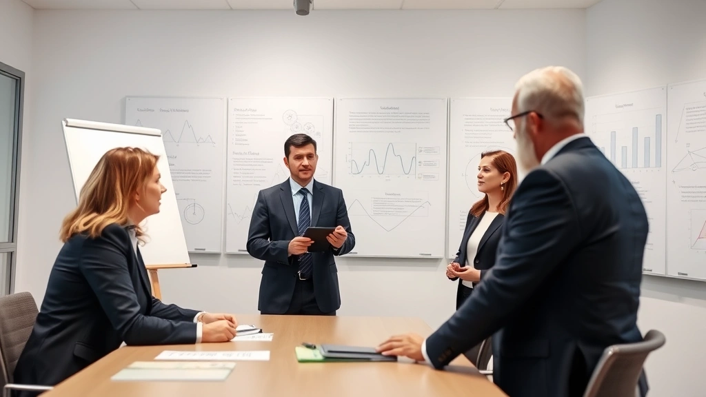 Executive leadership team in professional meeting environment discussing strategy with whiteboards and analytical displays in background