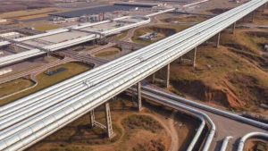 Aerial view of extensive pipeline infrastructure network crossing industrial landscape, showing multiple parallel steel pipes running through terrain with technical infrastructure visible, professional industrial photography