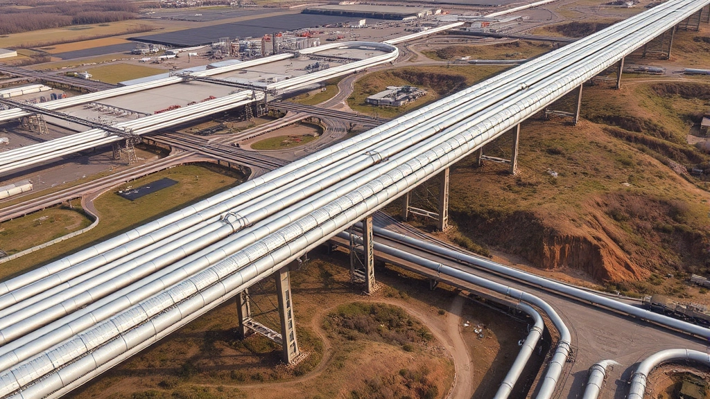 Aerial view of extensive pipeline infrastructure network crossing industrial landscape, showing multiple parallel steel pipes running through terrain with technical infrastructure visible, professional industrial photography