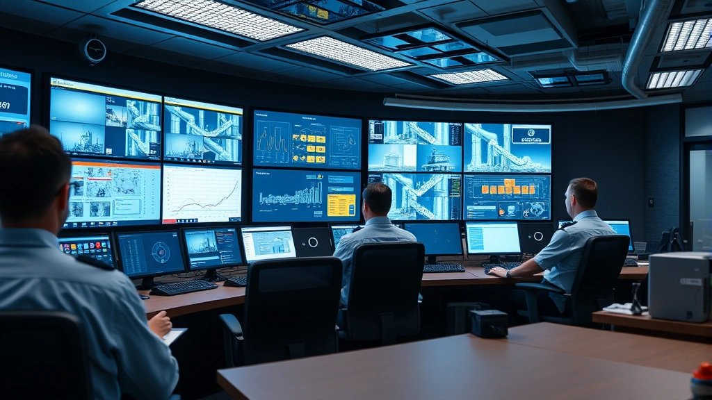 Control room operations center with technicians monitoring pipeline systems on multiple digital displays and control panels, showing real-time data visualization and monitoring equipment in modern facility