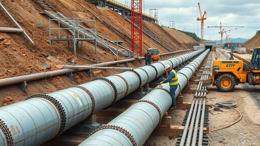 Pipeline construction project with heavy equipment and engineering team working on major infrastructure installation, showing steel pipes and construction site operations in industrial setting