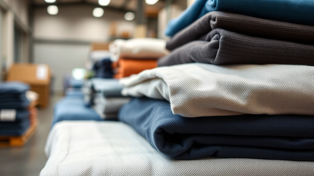 Close-up of premium folded apparel samples in natural lighting, showing fabric texture and color variations, professional warehouse environment, no logos or text visible