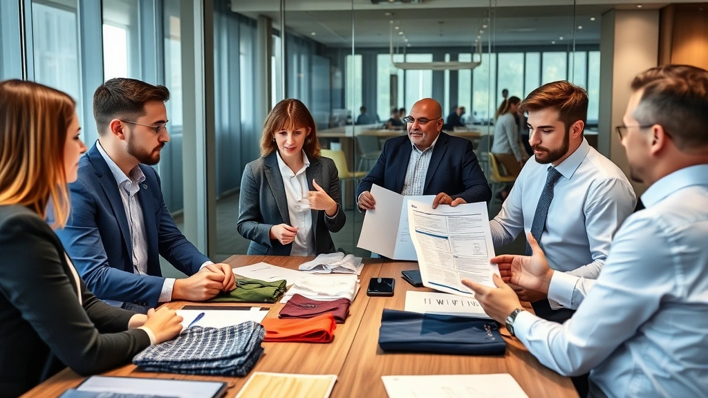 Professional business environment with executives reviewing apparel samples and product specifications during strategic vendor evaluation meeting, modern conference room