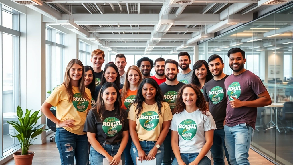 Modern corporate office environment showcasing diverse team members wearing branded apparel during company culture celebration event, professional photography