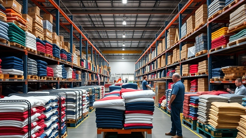 Professional warehouse facility with neatly organized stacks of folded apparel in various colors, industrial shelving systems, and workers managing inventory in a modern manufacturing distribution center