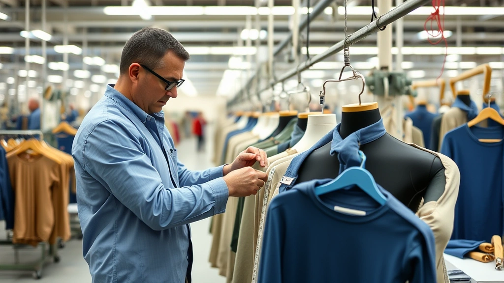 Quality control technician inspecting fabric and finished apparel products in a manufacturing facility, using measurement tools and examining garment consistency and construction details
