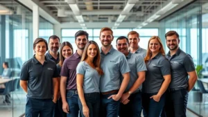 Professional business team wearing matching Port and Company branded polo shirts in modern office environment, confident posture, diverse group, natural lighting, corporate setting