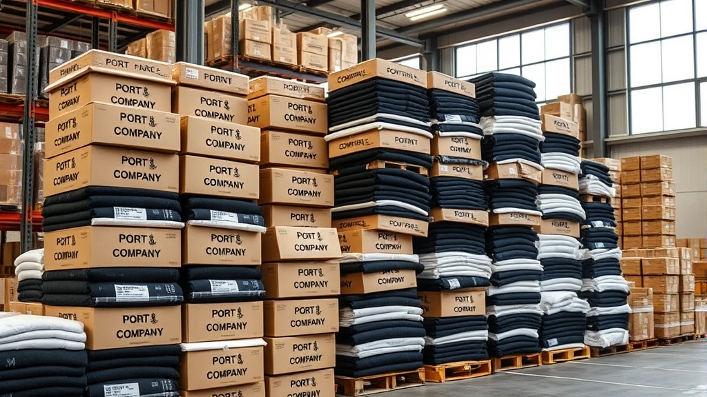 Warehouse fulfillment center with stacked folded Port and Company branded apparel boxes ready for bulk shipment, organized storage, professional logistics environment, natural daylight