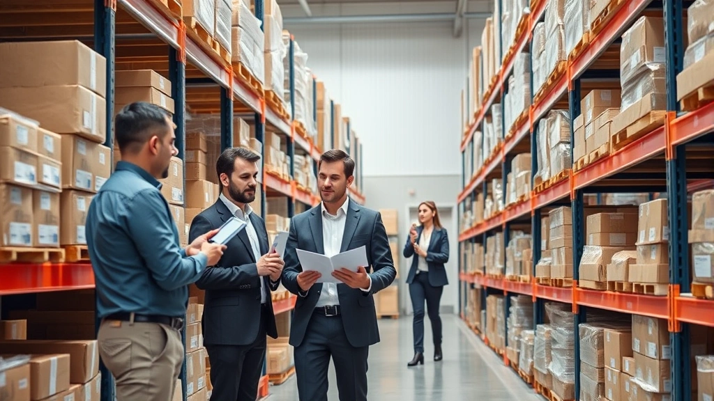 Professional warehouse team conducting inventory management and quality control inspections on organized shelving units with packaged goods, wearing business casual attire in modern facility