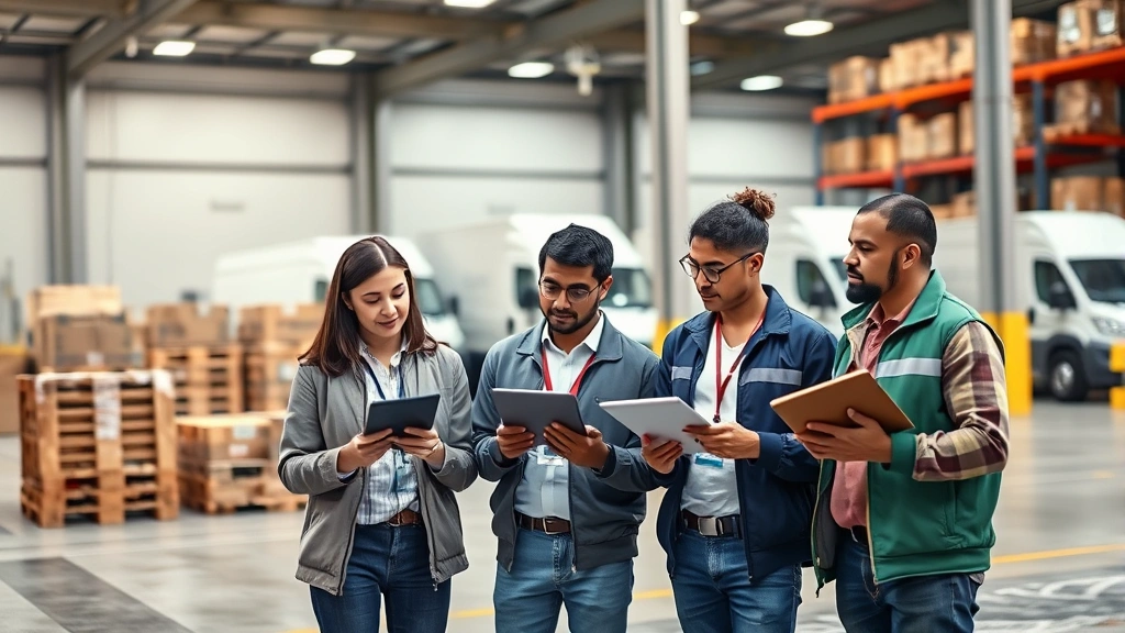 Diverse logistics operations team reviewing digital tablets and clipboards near loading dock with organized pallets and distribution vehicles visible in background