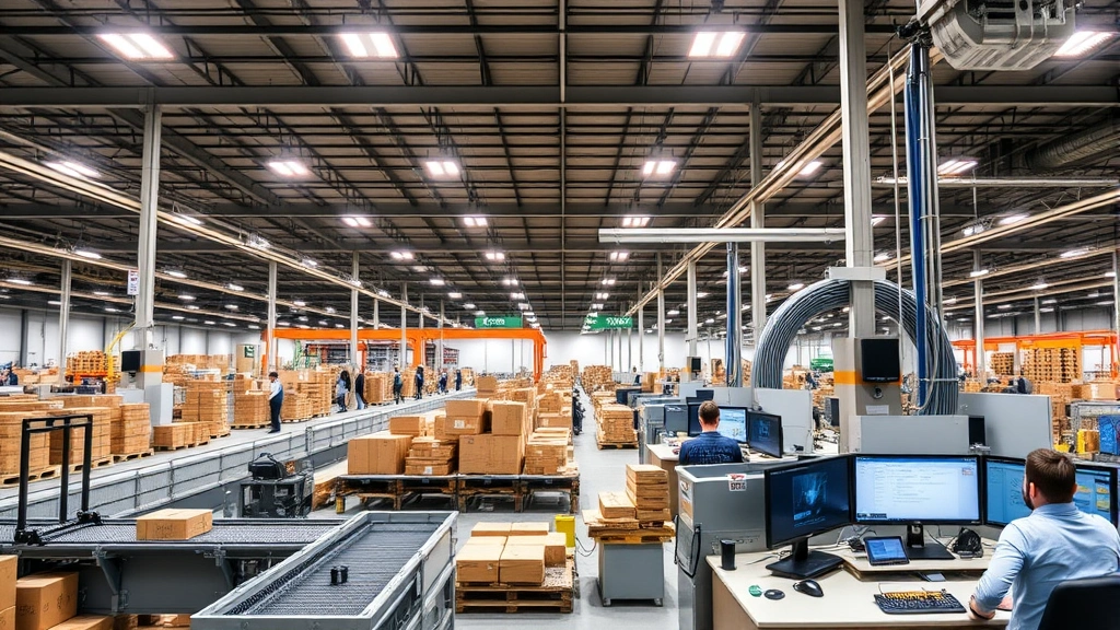 Modern distribution center interior featuring automated sorting systems, conveyor belts, and professional staff monitoring operations from control stations with digital displays
