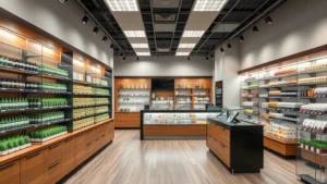 Professional cannabis dispensary interior with modern shelving displays, professional lighting, welcoming checkout counter, and well-organized product sections, no signage or text visible