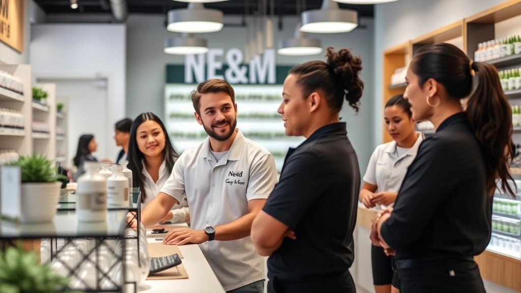 Diverse group of professional budtenders in branded uniforms assisting customers in a clean, modern dispensary environment with contemporary design elements
