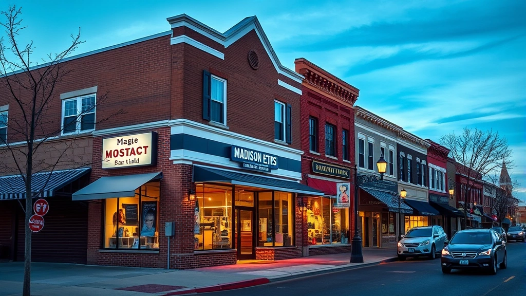 Madison Heights community scene showing storefront with surrounding local businesses, street view, professional exterior architecture, daytime lighting
