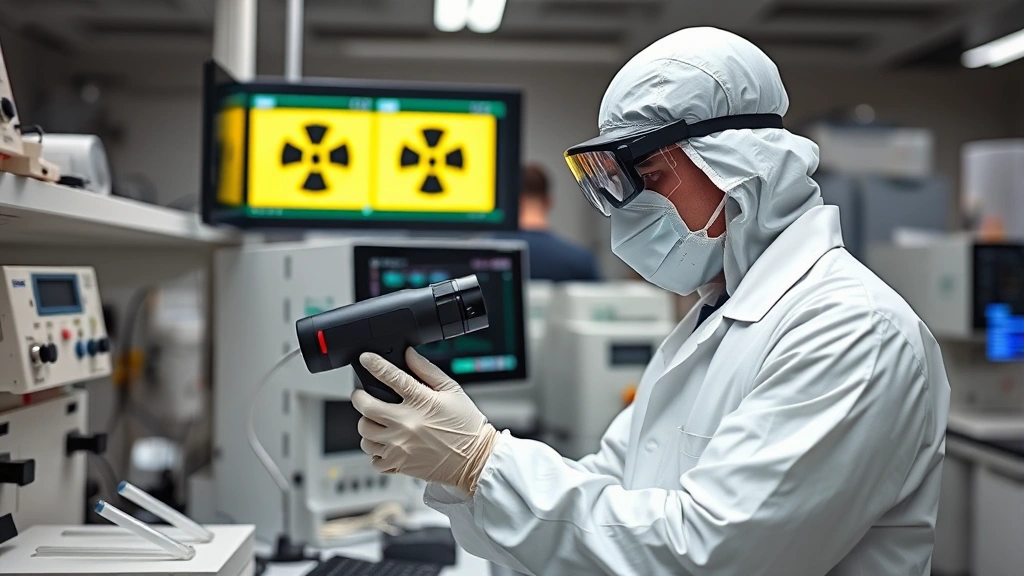 Professional radiation detection specialist in protective equipment examining calibration equipment in a modern laboratory facility with scientific instruments and digital displays