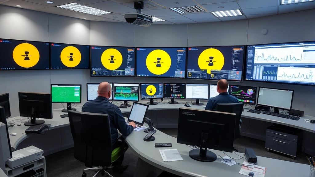 Modern control room with multiple radiation monitoring stations displaying real-time data on screens, technicians reviewing detector performance metrics and compliance documentation