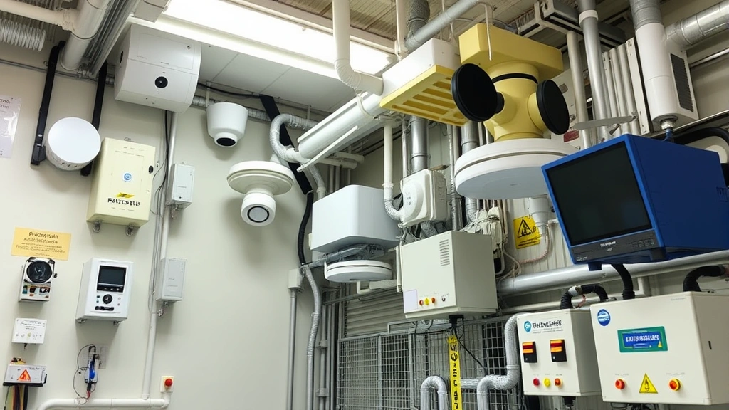 Industrial radiation detection equipment installed in a secure facility, showing various detector types and monitoring systems integrated into a comprehensive safety infrastructure