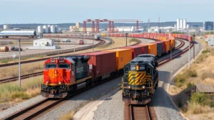 Professional freight train locomotives with cargo containers on curved tracks through Michigan landscape, industrial facilities visible in distance, modern railyard infrastructure, daytime, clear weather, realistic photography