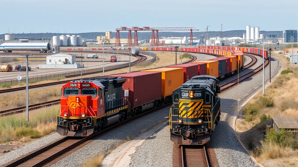 Professional freight train locomotives with cargo containers on curved tracks through Michigan landscape, industrial facilities visible in distance, modern railyard infrastructure, daytime, clear weather, realistic photography