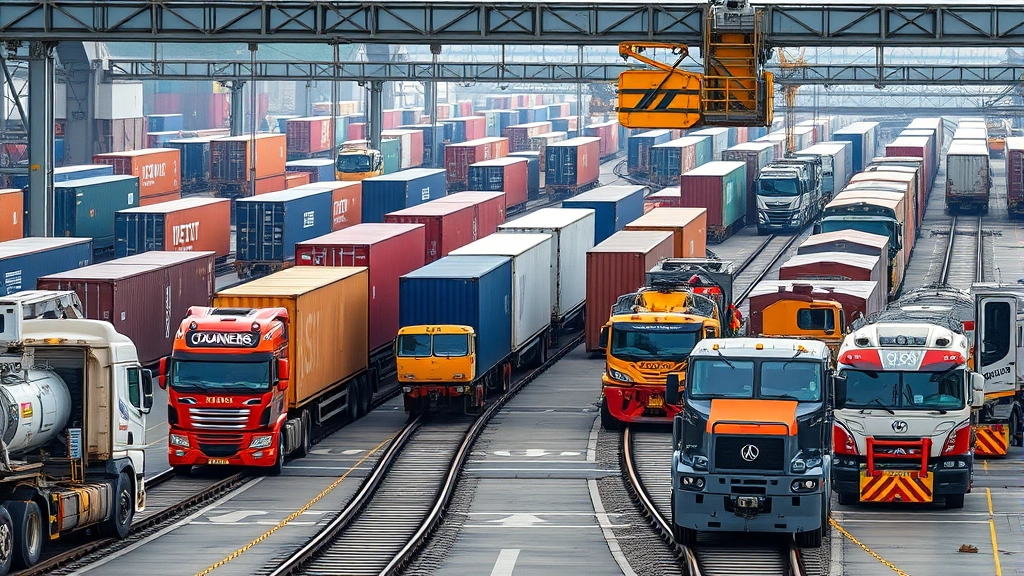 Busy railroad intermodal terminal with containers, trucks, and locomotives, workers in safety gear managing cargo operations, modern equipment and facilities, industrial setting, professional business environment, high quality realistic image