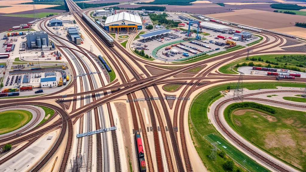 Aerial view of extensive railroad network junction with multiple track lines, rail yards, cargo handling equipment, surrounding Michigan industrial and agricultural landscape, clear daylight, professional infrastructure photography
