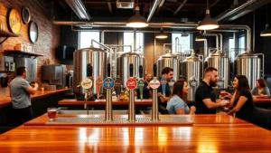 Professional craft brewery interior showcasing wooden bar counter with craft beer taps, industrial brewing equipment visible in background, warm ambient lighting, customers enjoying beverages, emphasizing quality craftsmanship and welcoming atmosphere