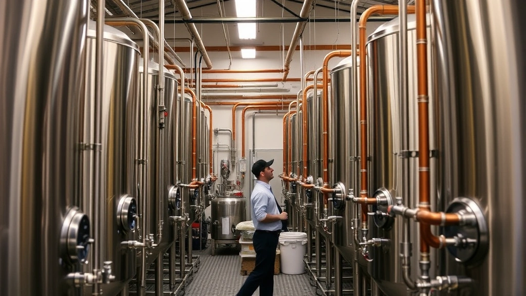 Craft brewery fermentation room with rows of stainless steel fermentation tanks, copper piping systems, temperature control equipment, professional brewery worker monitoring operations, clean organized facility demonstrating operational excellence