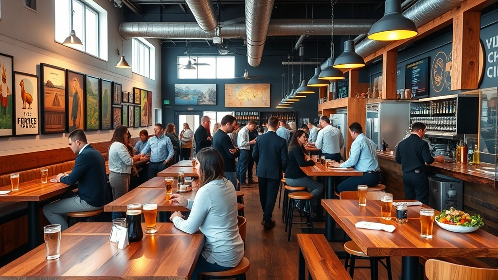 Modern brewery taproom space with wooden tables, customers in casual business attire networking, local artwork on walls, craft beer glasses and food service, warm lighting creating community gathering ambiance