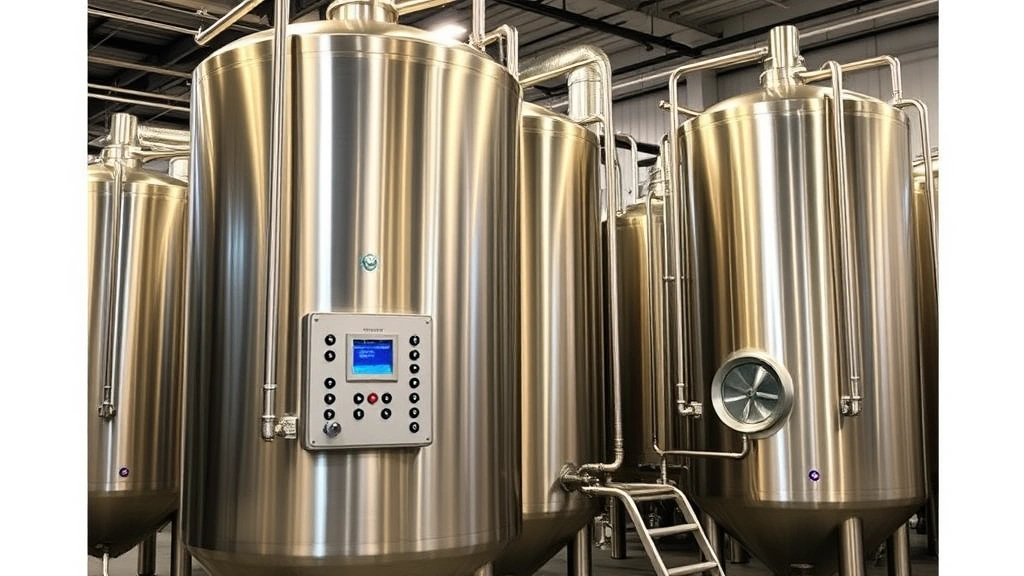 Professional brewery fermentation tanks with modern control systems, stainless steel equipment in industrial facility, warm lighting highlighting craftsmanship, no visible text or signage, corporate manufacturing environment