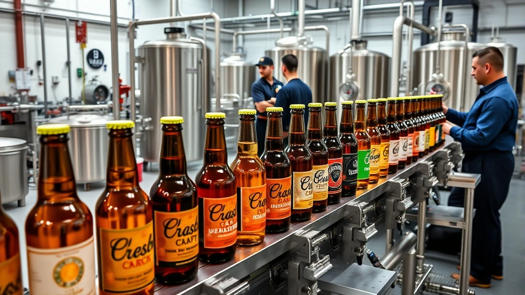 Craft brewery production line with bottled beverages in quality control testing area, laboratory-style workspace with professional staff in brewing environment, modern facility with equipment, business operations setting