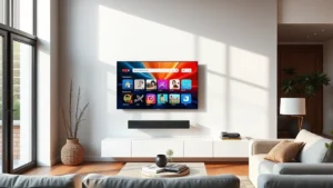 Modern RCA television mounted on white living room wall with contemporary furniture, displaying colorful streaming interface, professional photography, bright natural lighting, minimalist interior design