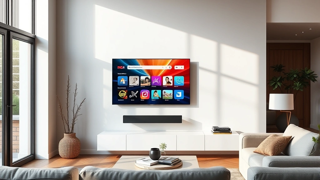 Modern RCA television mounted on white living room wall with contemporary furniture, displaying colorful streaming interface, professional photography, bright natural lighting, minimalist interior design