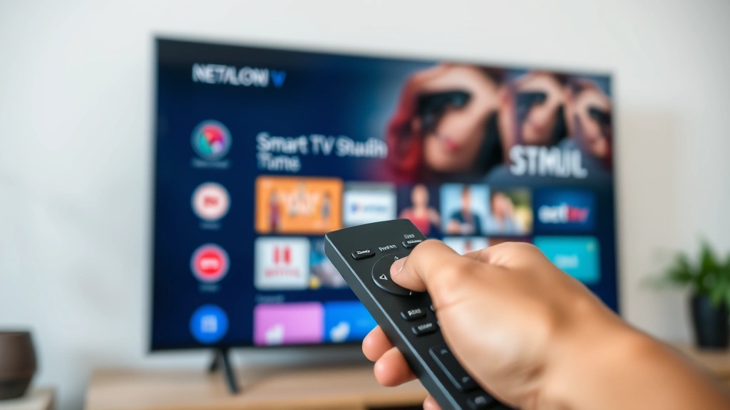 Close-up of television remote control and smart TV interface navigation menu, hands holding black remote, streaming app icons visible on screen, professional product photography, clean background