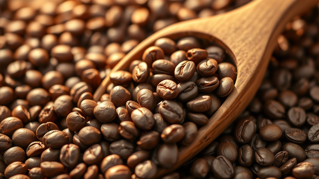 Close-up of freshly roasted coffee beans in a wooden scoop, morning sunlight streaming across them, shallow depth of field, professional food photography style, warm brown and golden tones