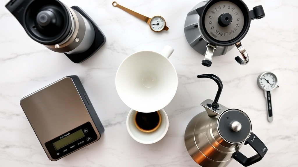 Overhead flat lay of coffee brewing equipment arranged on marble surface: burr grinder, digital scale, gooseneck kettle, pour-over cone, thermometer, white cup, organized professional layout, natural lighting
