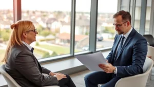 Professional insurance agent in business suit reviewing commercial property insurance policies with small business owner in modern conference room with windows overlooking suburban landscape