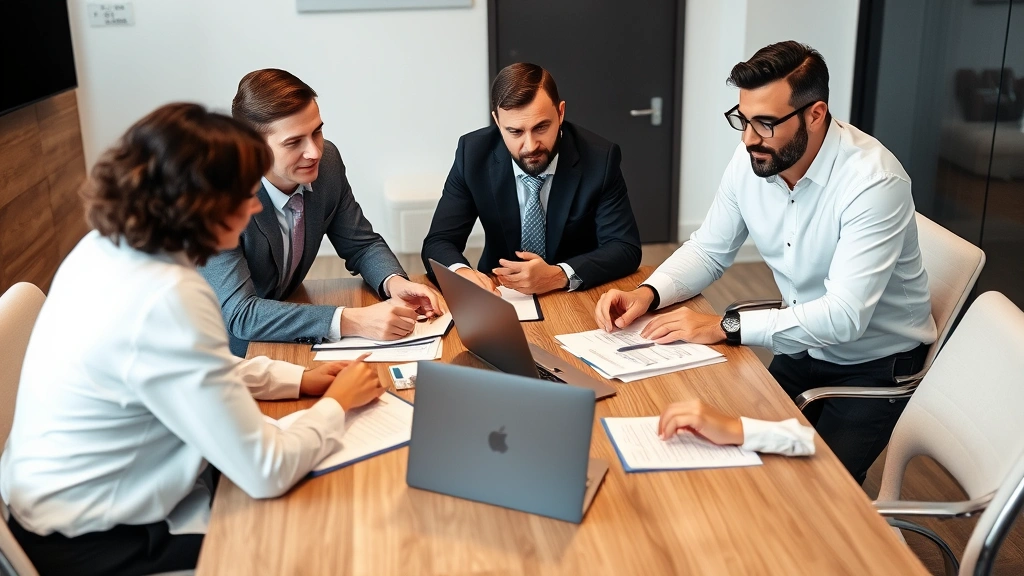 Team of insurance professionals collaborating around conference table with laptop and documents, reviewing risk assessment reports and coverage strategies in contemporary office environment