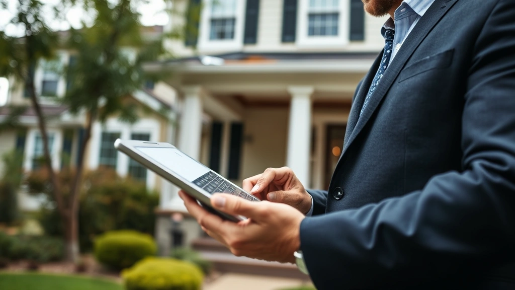 Insurance claims adjuster documenting property damage on digital tablet while inspecting residential home exterior, professional appearance, modern technology integration
