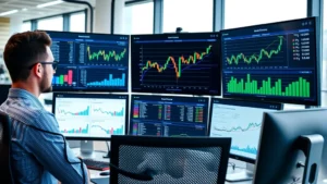 Professional investment manager analyzing portfolio data on multiple monitors in modern financial office, displaying concentration and diversification metrics, contemporary workspace with charts visible on screens, corporate environment