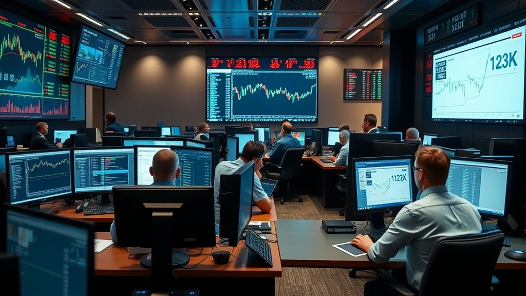 Sophisticated trading floor environment with multiple workstations, financial data displays, and real-time market information, professional investment management setting with focused professionals monitoring portfolios