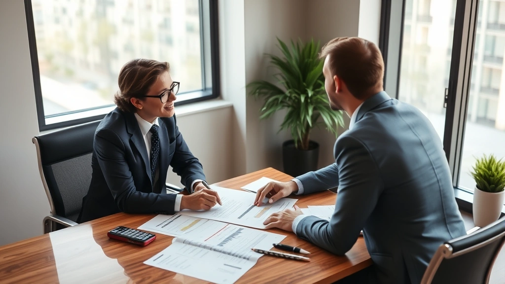 Professional wealth advisor conducting financial planning meeting with clients in modern office, reviewing investment portfolio documents and retirement plans on desk, natural lighting, corporate setting
